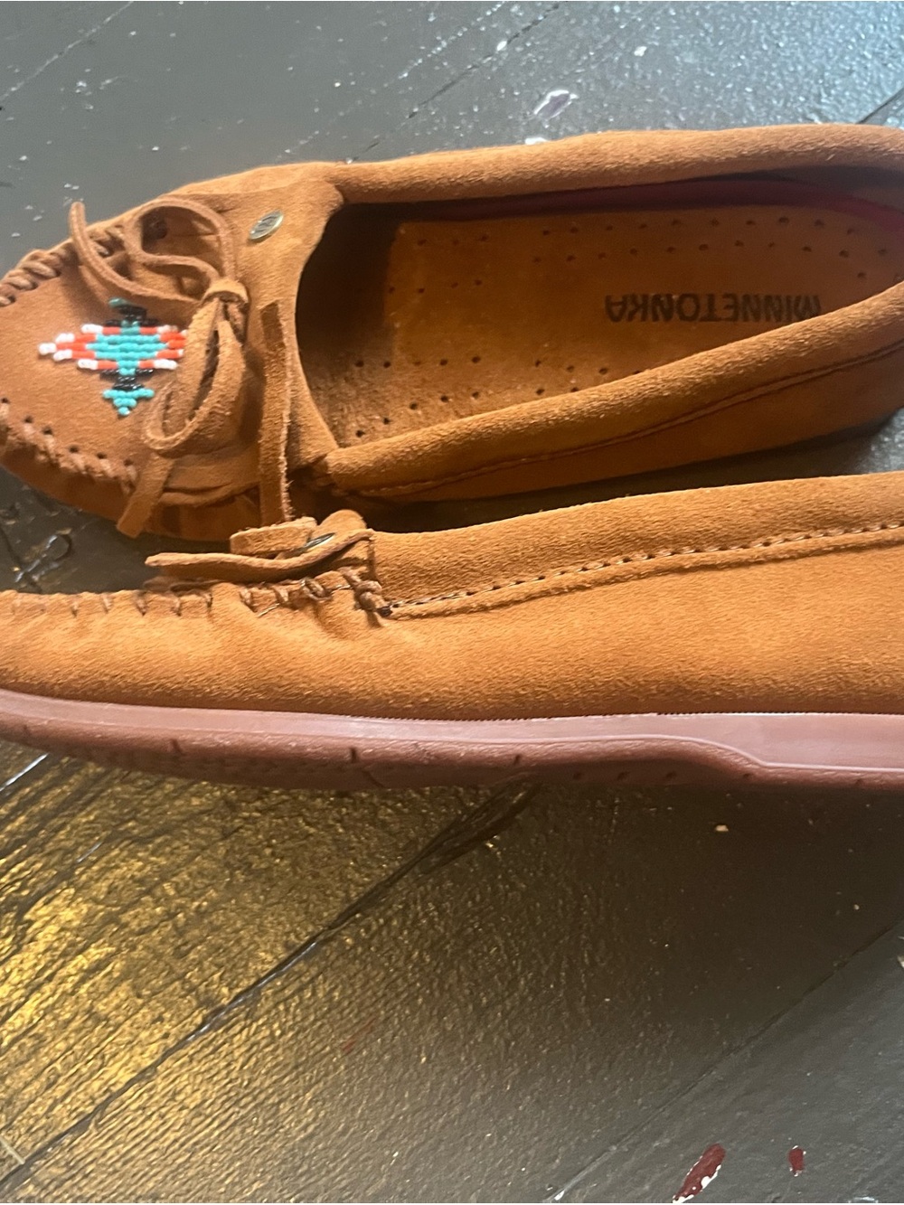 Minnetonka Brown Suede Moccasins with Turquoise & Coral Beadwork - Picture 5 of 9